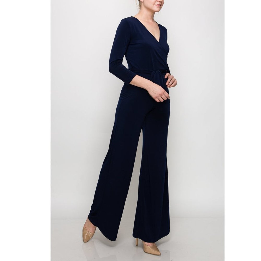JANETTE FASHION navy wrap jumpsuit, wide leg sz S
